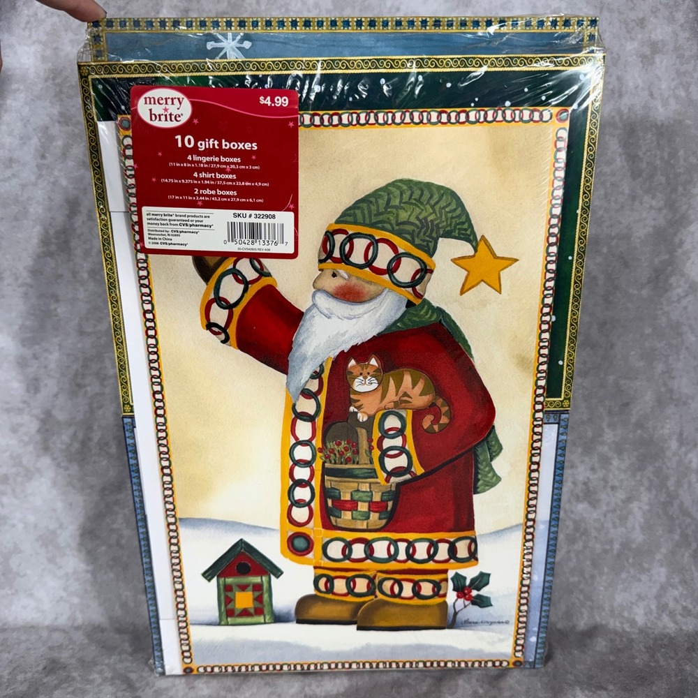 Merry Brite 10 Christmas Gift Boxes Folk Art Santa Laurie Krugaden Vintage Y2K